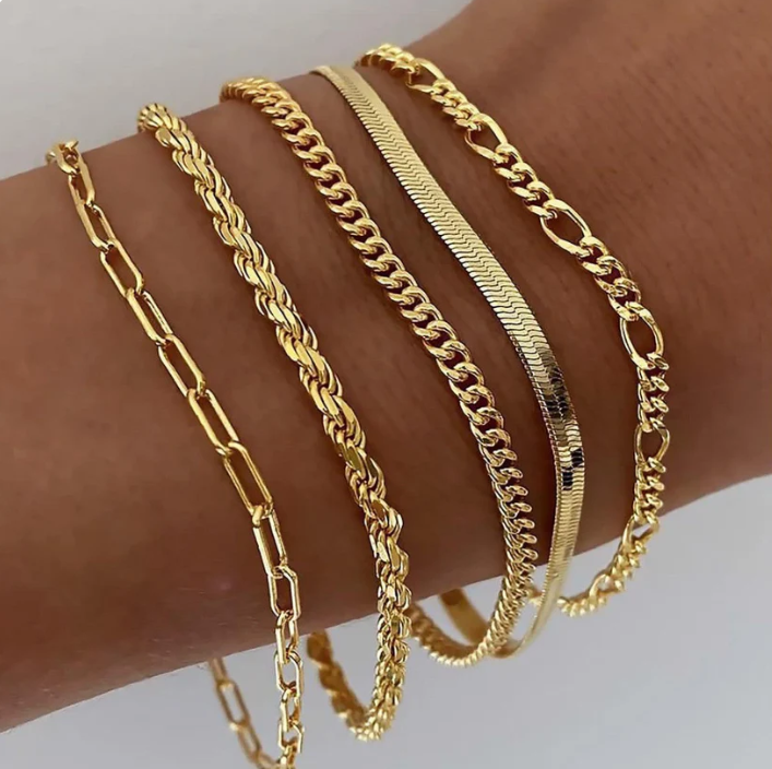 Gold Layered Bracelet Set – 6 Piece Stacking Chain Bracelets for Women – Adjustable