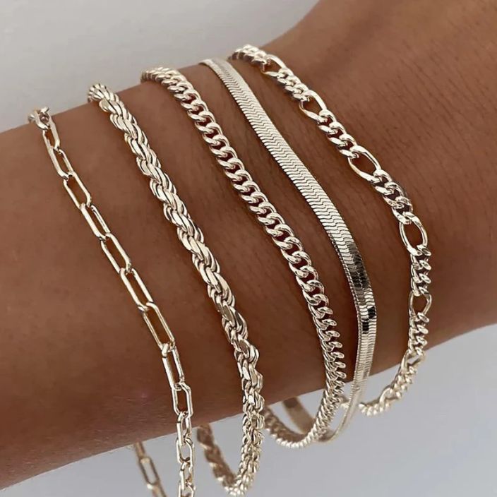Gold Layered Bracelet Set – 6 Piece Stacking Chain Bracelets for Women – Adjustable