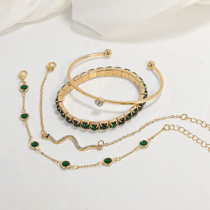 Emerald Green Crystal Bracelet Set – 4 Piece Tennis & Bangle Stack for Women