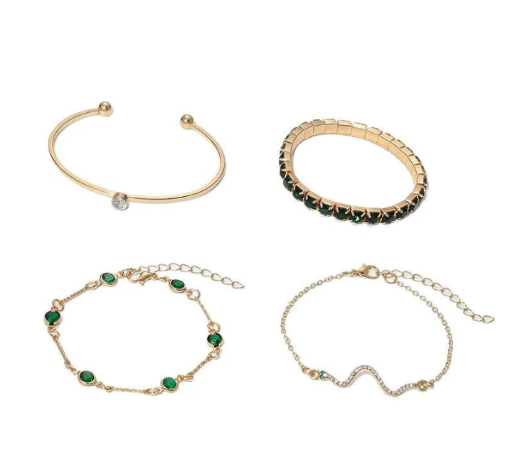 Emerald Green Crystal Bracelet Set – 4 Piece Tennis & Bangle Stack for Women