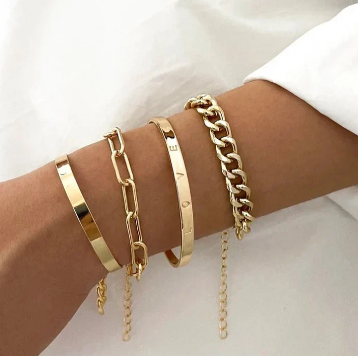 Chunky Gold Chain Bracelet Set – 3 Piece Curb, Paperclip & Bangle Stack for Women
