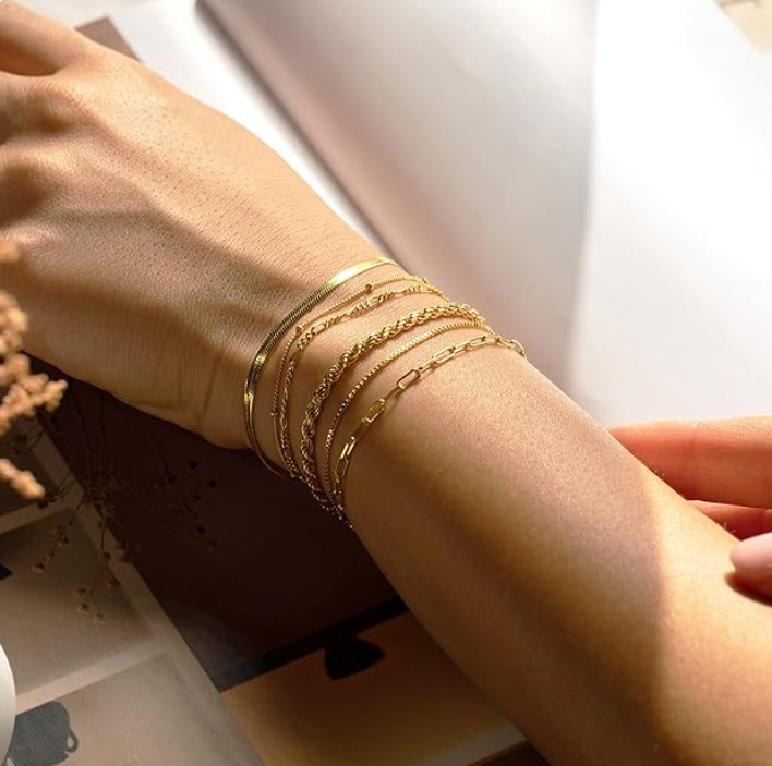Gold Chain Bracelet Set – 5 Piece Herringbone, Rope & Paperclip Stacking Bracelets for Women