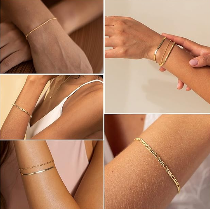 Gold Chain Bracelet Set – 5 Piece Herringbone, Rope & Paperclip Stacking Bracelets for Women