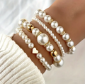 Faux Pearl Bracelet Set – 5 Piece Beaded Stretch Bracelets with Gold Tone Accents for Women