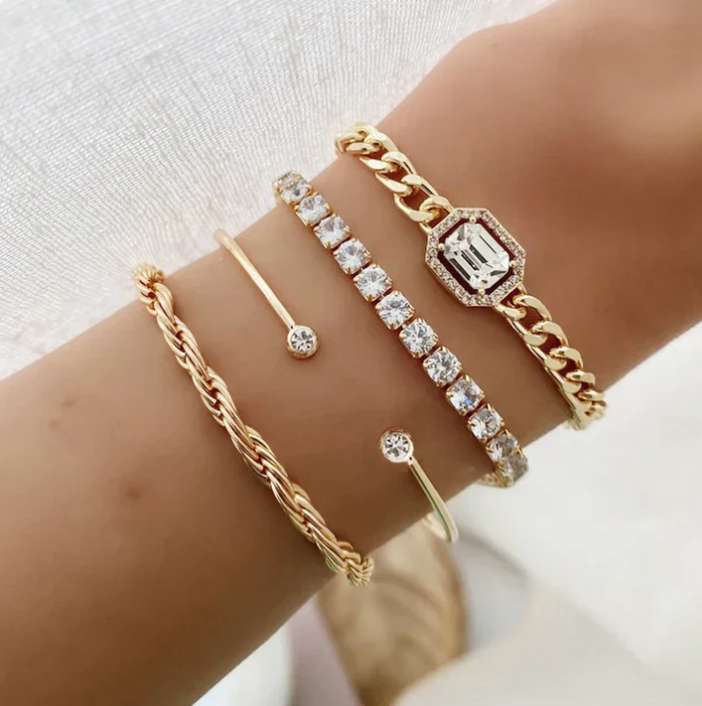 Crystal Tennis Bracelet Set – 4 Piece Chain & Bangle Stack with Statement Stone for Women