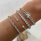 Crystal Tennis Bracelet Set – 4 Piece Chain & Bangle Stack with Statement Stone for Women