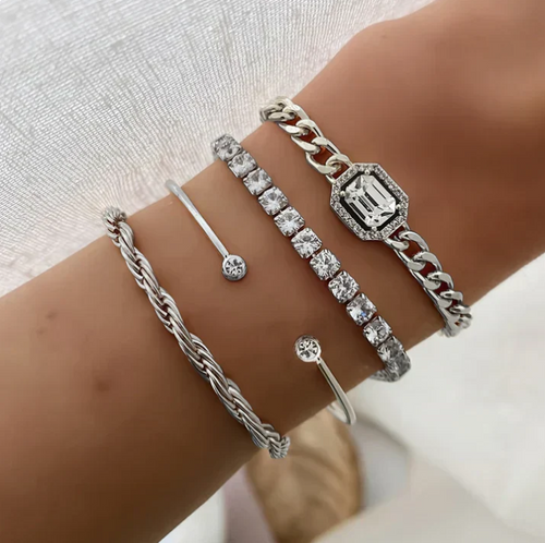 Crystal Tennis Bracelet Set – 4 Piece Chain & Bangle Stack with Statement Stone for Women