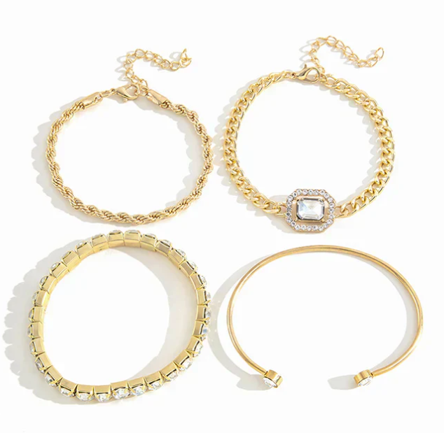 Crystal Tennis Bracelet Set – 4 Piece Chain & Bangle Stack with Statement Stone for Women