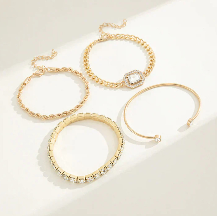 Crystal Tennis Bracelet Set – 4 Piece Chain & Bangle Stack with Statement Stone for Women