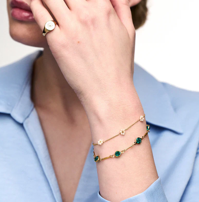 Green Crystal Station Bracelet – Gold Tone Chain Bracelet with Bezel Set Stones for Women