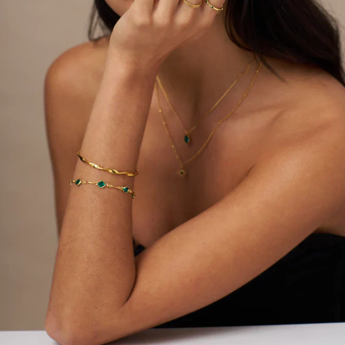 Green Crystal Station Bracelet – Gold Tone Chain Bracelet with Bezel Set Stones for Women