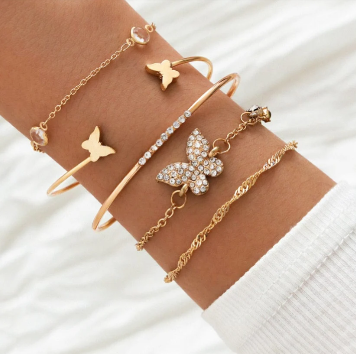 Gold Butterfly Bracelet Set – 4 Piece Crystal Charm & Bangle Stack for Women
