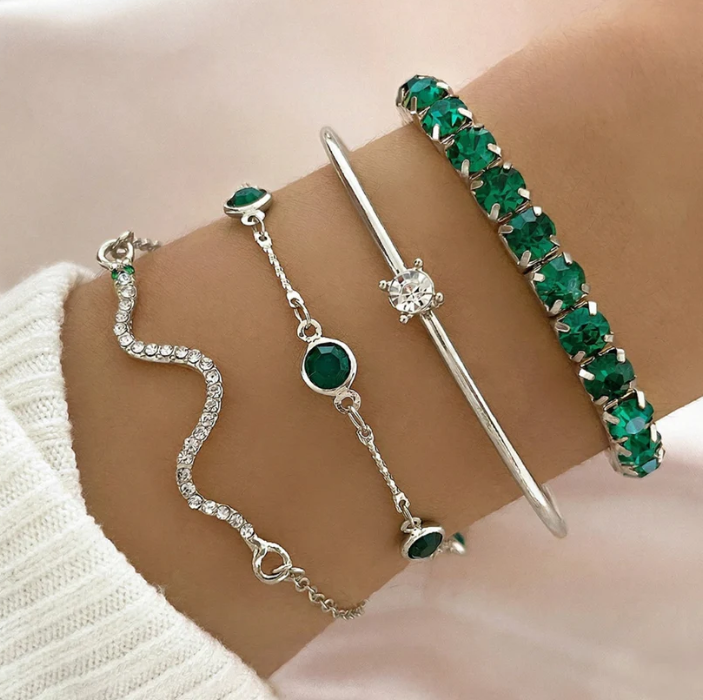 Emerald Green Crystal Bracelet Set – 4 Piece Tennis & Bangle Stack for Women