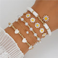 Daisy Flower Bracelet Set – 4 Piece White Beaded & Faux Pearl Stack for Women