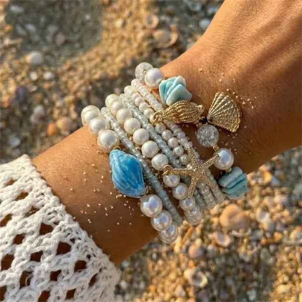 Ocean Beach Bracelet Set – Faux Pearl & Shell Beaded Stack with Starfish Charm for Women