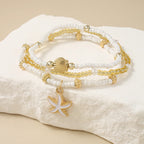 Starfish & Shell Beaded Bracelet Set – 3 Piece White & Gold Tone Beach Bracelets for Women