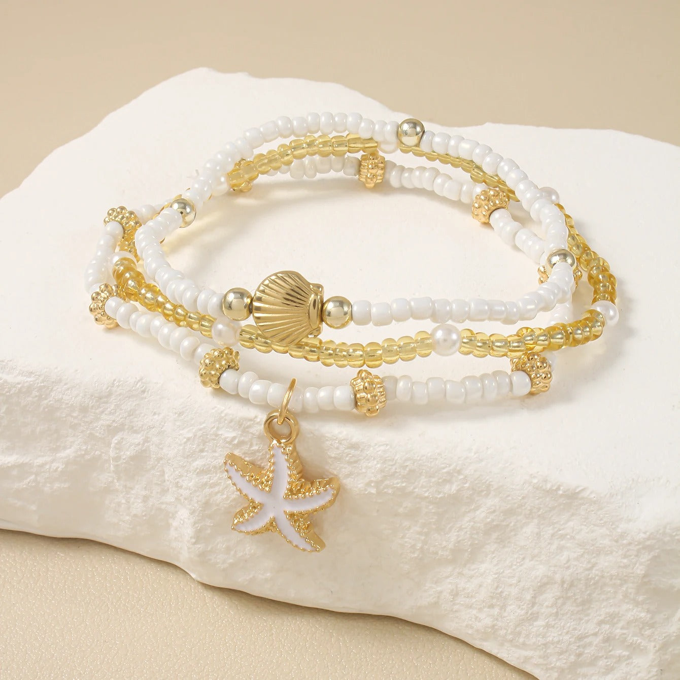 Starfish & Shell Beaded Bracelet Set – 3 Piece White & Gold Tone Beach Bracelets for Women