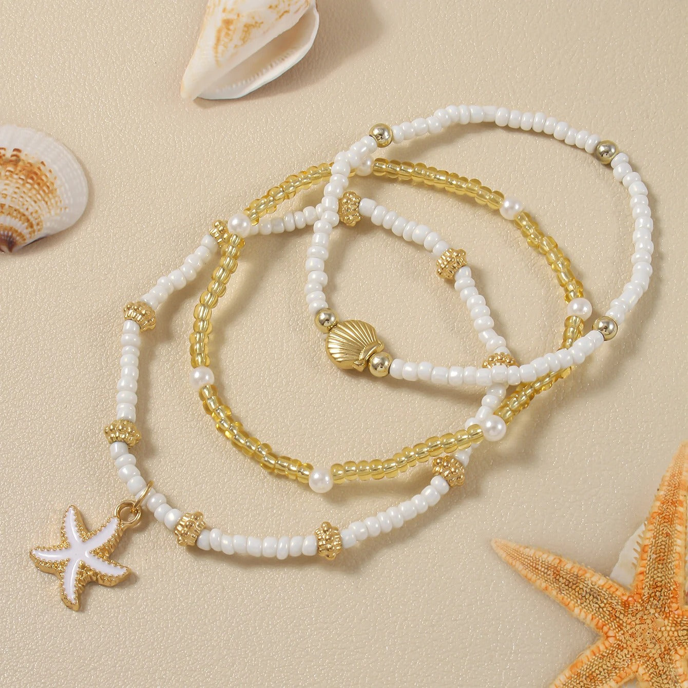 Starfish & Shell Beaded Bracelet Set – 3 Piece White & Gold Tone Beach Bracelets for Women