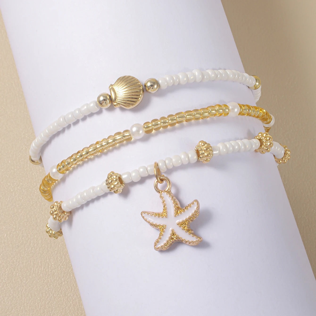 Starfish & Shell Beaded Bracelet Set – 3 Piece White & Gold Tone Beach Bracelets for Women